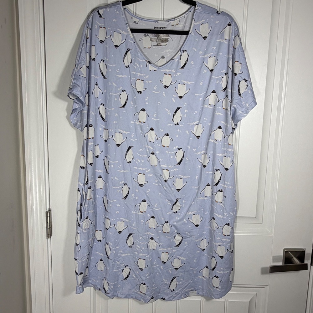 Joyspun Womens Penguin Print Nightgown Blue Short Sleeve Sleep Shirt L-XL